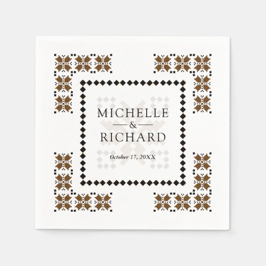 Brown and Black Ukrainian Embroidery Wedding スタンダードカクテルナプキン (正面)
