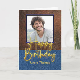Brown and Blue leather Gold Script Uncle Birthday カード
