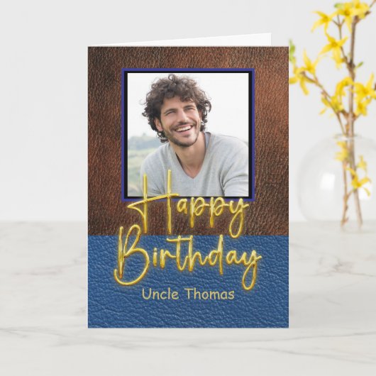 Brown and Blue leather Gold Script Uncle Birthday カード (黄色い花)