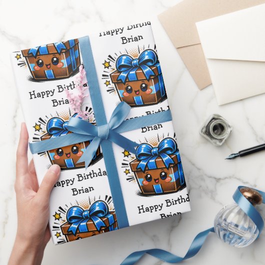 Brown and Blue Personalized Happy Birthday ラッピングペーパー (ギフト)