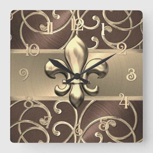 Brown and Gold Filigree Swirls Fleur de Lis スクエア壁時計 (正面)