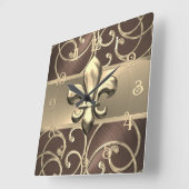 Brown and Gold Filigree Swirls Fleur de Lis スクエア壁時計 (傾斜)