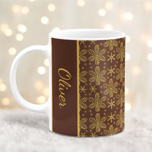 Brown and Gold Snowflakes Christmas Mug with Name コーヒーマグカップ
