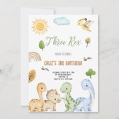 Brown And Green Dinosaur Three Rex 3rd Birthday  招待状 (正面)