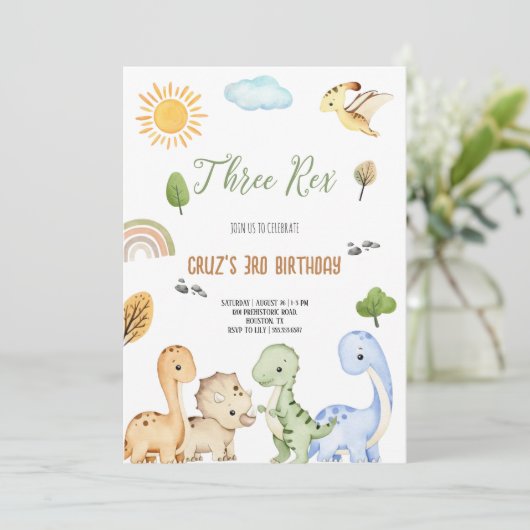 Brown And Green Dinosaur Three Rex 3rd Birthday  招待状 (スタンド正面)