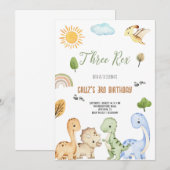 Brown And Green Dinosaur Three Rex 3rd Birthday  招待状 (正面/裏面)