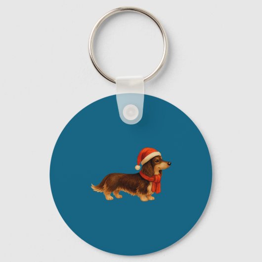 Brown And Tan Christmas Dachshund Santa Hat キーホルダー (正面)