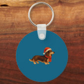 Brown And Tan Christmas Dachshund Santa Hat キーホルダー (正面)