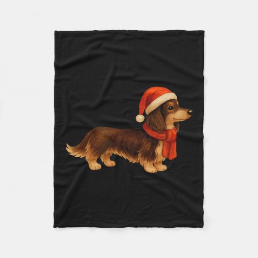 Brown And Tan Christmas Dachshund Santa Hat  フリースブランケット (正面)