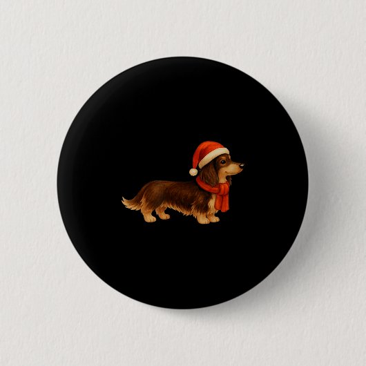 Brown And Tan Christmas Dachshund Santa Hat 缶バッジ (正面)