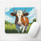 Brown and white Cow standing in a field of grass マウスパッド (マウス)