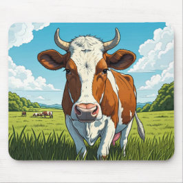 Brown and white Cow standing in a field of grass マウスパッド