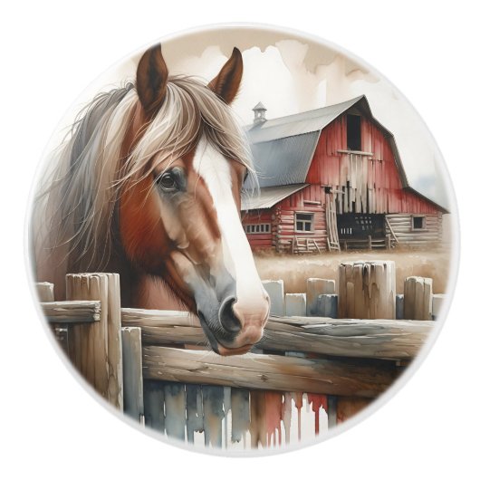 Brown and White Horse and Rustic Red Barn セラミックノブ (正面)