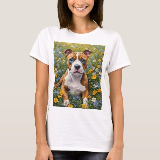 Brown And White Staffordshire Bull Terrier Puppy, Tシャツ (正面)