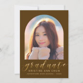 Brown Archエレガント金ゴールドスクリプトフォト卒業 案内状 (正面)