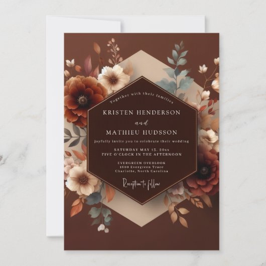Brown Autumnal Bloom Wedding 招待状 (正面)