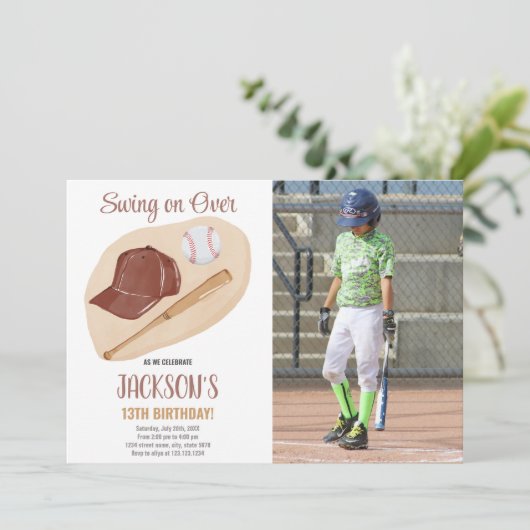 Brown Baseball Birthday Invitations with photo 招待状 (スタンド正面)