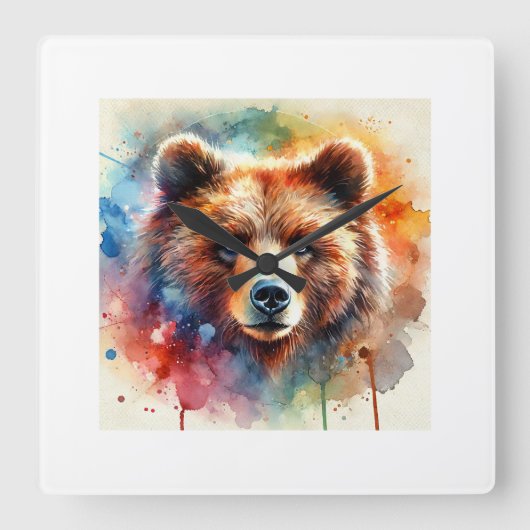Brown Bear 170624AREF118 - Watercolor スクエア壁時計 (正面)