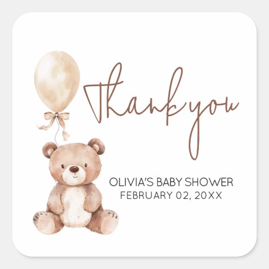 Brown Bear Balloon Baby Shower スクエアシール (正面)