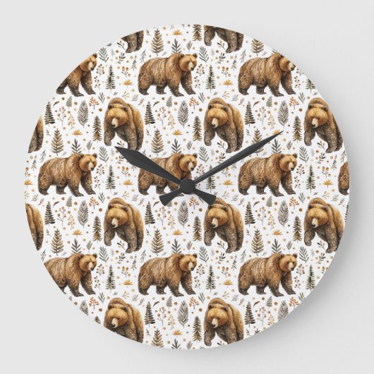 Brown Bear Cabin Decor Woodland ラージ壁時計 (正面)