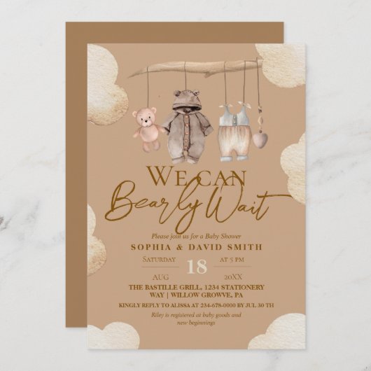 Brown Bear Clothes Baby Shower Invitation 招待状 (正面/裏面)