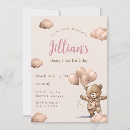 Brown Beary First Birthday Girl 招待状 (正面)