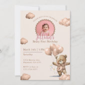 Brown Beary First Birthday Girl Photo 招待状 (正面)