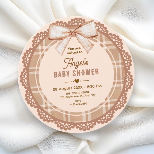 Brown beige bow plaid baby shower 招待状