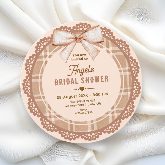 Brown beige bow plaid bridal shower 招待状