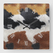 Brown black and white cowhide texture throw pillow スクエア壁時計 (正面)