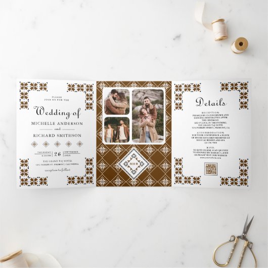 Brown Black Ukrainian Embroidery QR Code Wedding 三つ折り招待状 (内部)