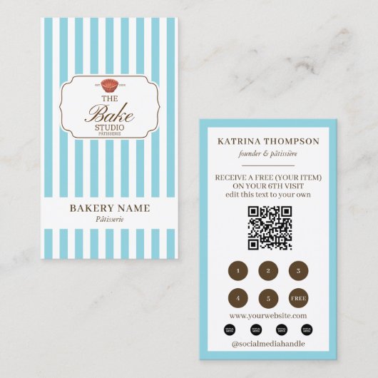 Brown Blue Stripes Bakery Logo Loyalty Punch 名刺 (正面/裏面)