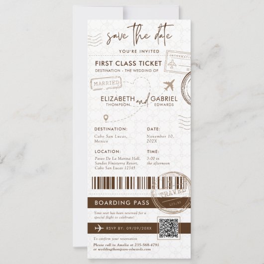 Brown Boarding Pass Destinationの写真結婚 招待状 (正面)