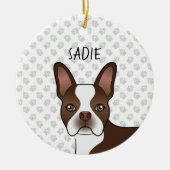 Brown Boston Terrier Cartoon Dog Head & Dog's Name セラミックオーナメント (正面)