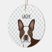 Brown Boston Terrier Cartoon Dog Head & Dog's Name セラミックオーナメント (左)