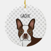 Brown Boston Terrier Cartoon Dog Head & Dog's Name セラミックオーナメント (裏面)
