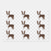 Brown Boston Terrier Cartoon Dog Pattern & Paws ラッピングペーパーシート (正面)