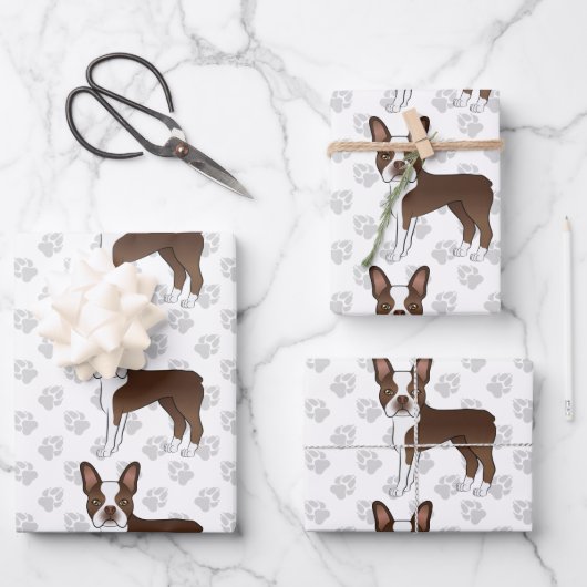 Brown Boston Terrier Cartoon Dog Pattern & Paws ラッピングペーパーシート (正面)