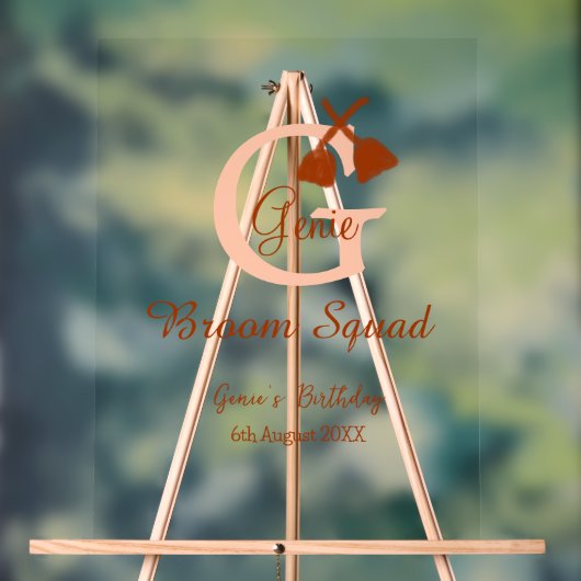 Brown broom Squad Birthday name peach monogram アクリルサイン (ニュートラル)