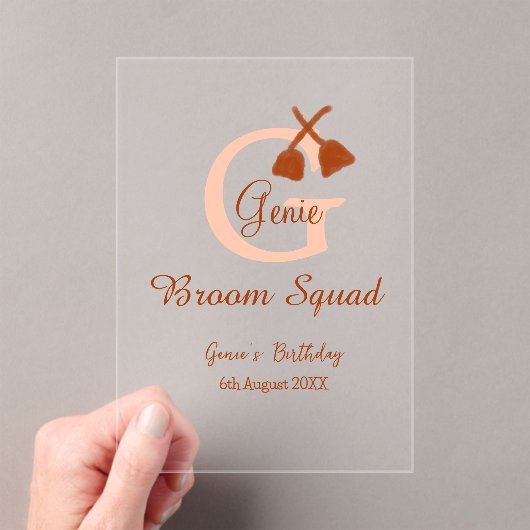 Brown broom Squad Birthday name peach monogram アクリル招待状 (インサイチュ (ポータブル))