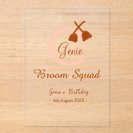 Brown broom Squad Birthday name peach monogram アクリル招待状