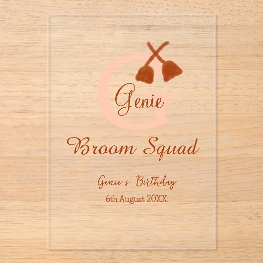 Brown broom Squad Birthday name peach monogram アクリル招待状 (正面)