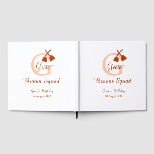 Brown broom Squad Birthday name peach monogram ゲストブック (全面)