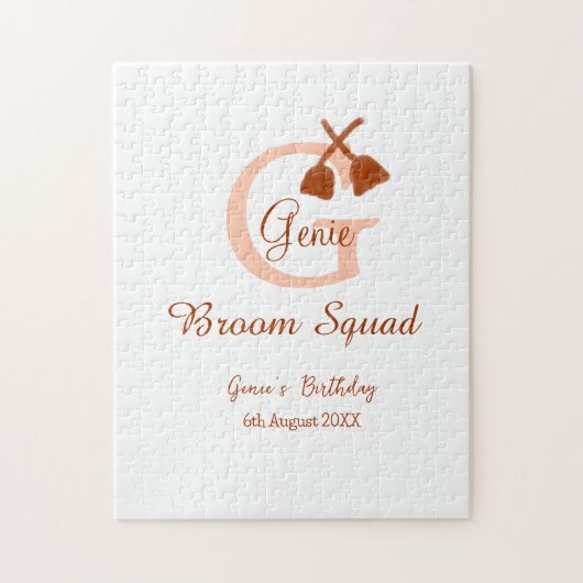 Brown broom Squad Birthday name peach monogram ジグソーパズル (縦)