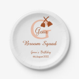 Brown broom Squad Birthday name peach monogram ペーパープレート