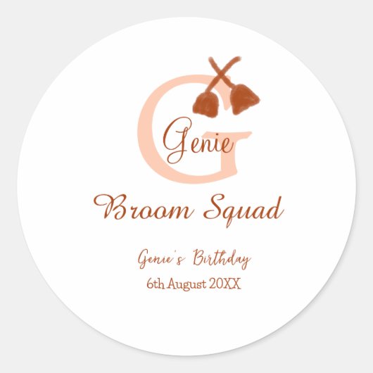 Brown broom Squad Birthday name peach monogram ラウンドシール (正面)