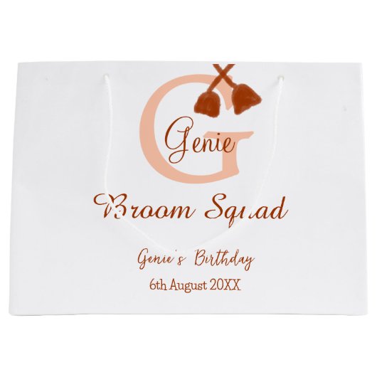 Brown broom Squad Birthday name peach monogram ラージペーパーバッグ (正面)