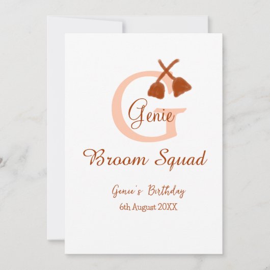 Brown broom Squad Birthday name peach monogram 招待状 (正面)