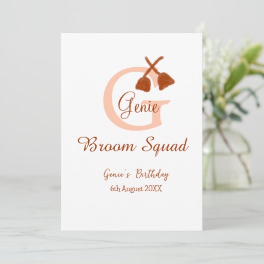 Brown broom Squad Birthday name peach monogram 招待状 (スタンド正面)