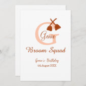 Brown broom Squad Birthday name peach monogram 招待状 (正面/裏面)